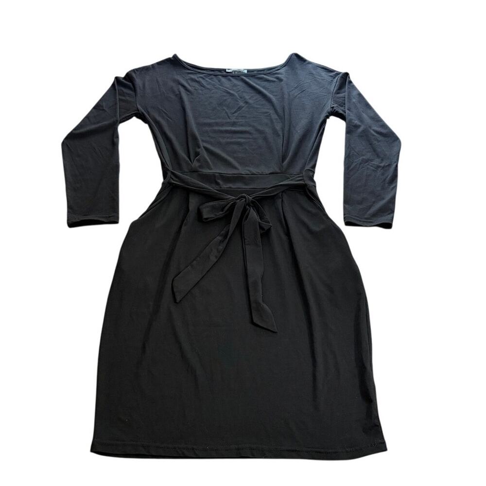 Pretty Garden Boat Neck Self -Tie Waist Black Long Sleeve Dress Size M
